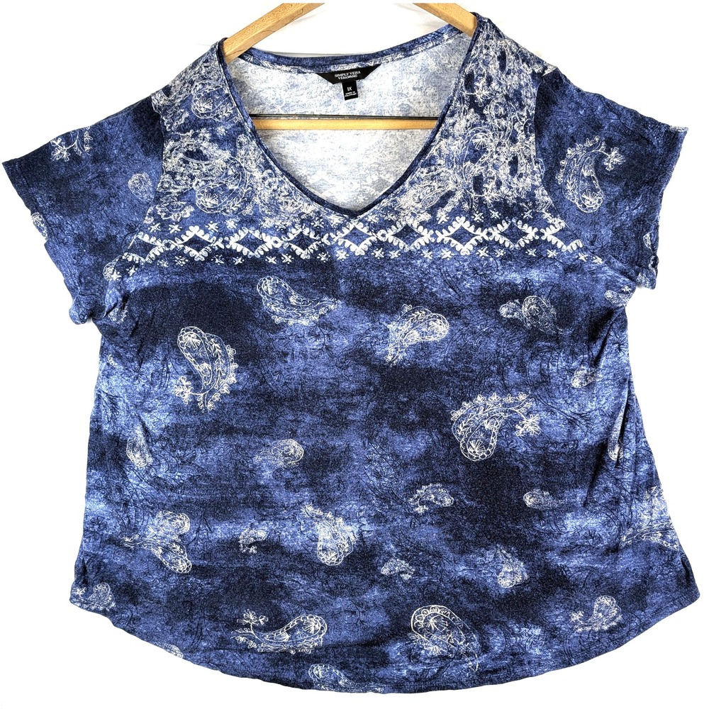 Simply Vera Wang Blouse Womens XL Paisley Cap Sleeve Blue White Scoop Neck